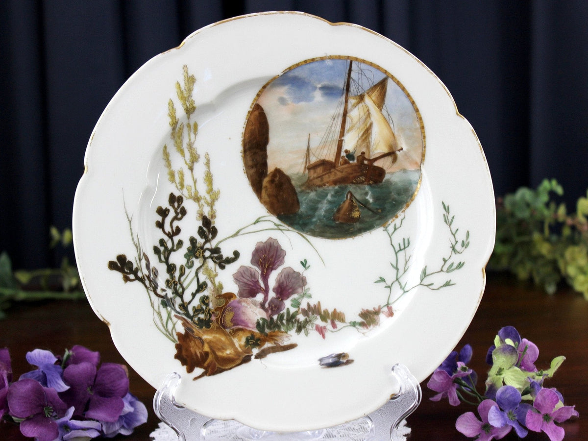 Antique CDF GDM Plate, 8.5 Inch, Sailing Ship and Seaweed 18465