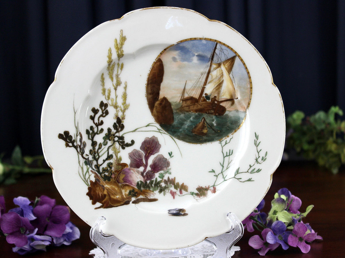Antique CDF GDM Plate, 8.5 Inch, Sailing Ship and Seaweed 18465