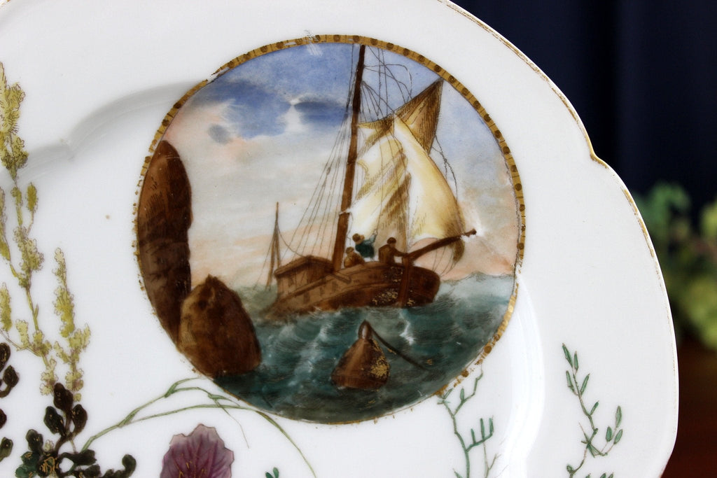 Antique CDF GDM Plate, 8.5 Inch, Sailing Ship and Seaweed 18465