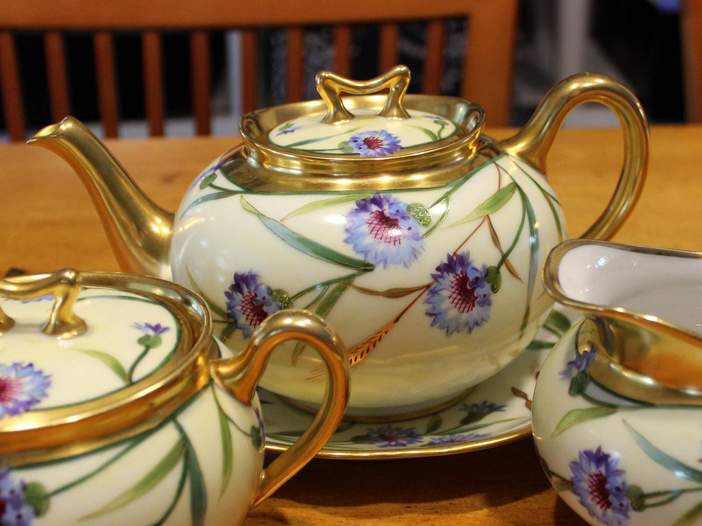 Antique E.W. Donath Hand-Painted Teapot Set, 2-Cup Tea Pot with Matching Sugar Bowl & Creamer 18865