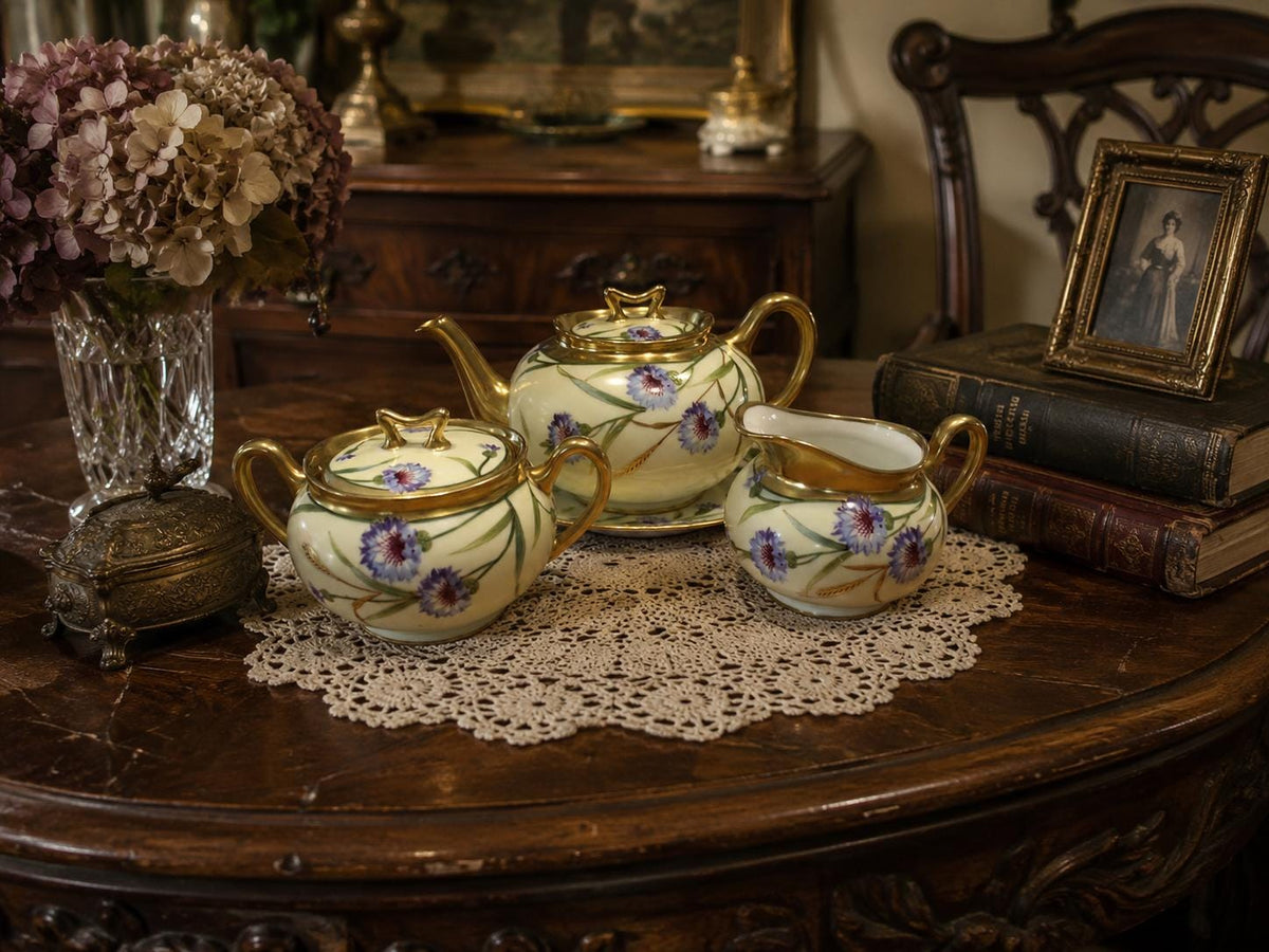 Antique E.W. Donath Hand-Painted Teapot Set, 2-Cup Tea Pot with Matching Sugar Bowl & Creamer 18865