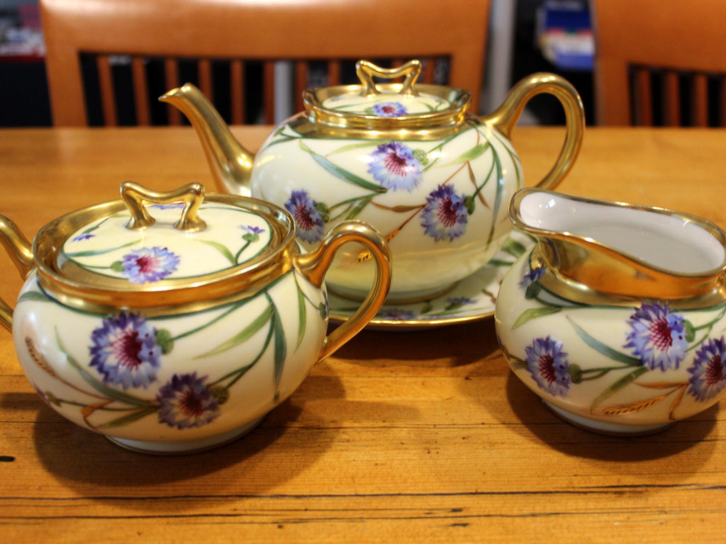 Antique E.W. Donath Hand-Painted Teapot Set, 2-Cup Tea Pot with Matching Sugar Bowl & Creamer 18865