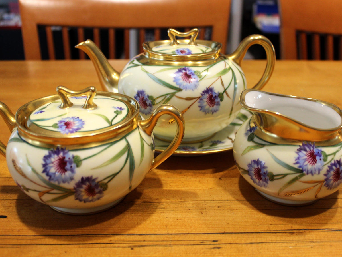 Antique E.W. Donath Hand-Painted Teapot Set, 2-Cup Tea Pot with Matching Sugar Bowl & Creamer 18865