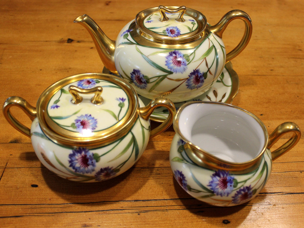 Antique E.W. Donath Hand-Painted Teapot Set, 2-Cup Tea Pot with Matching Sugar Bowl & Creamer 18865