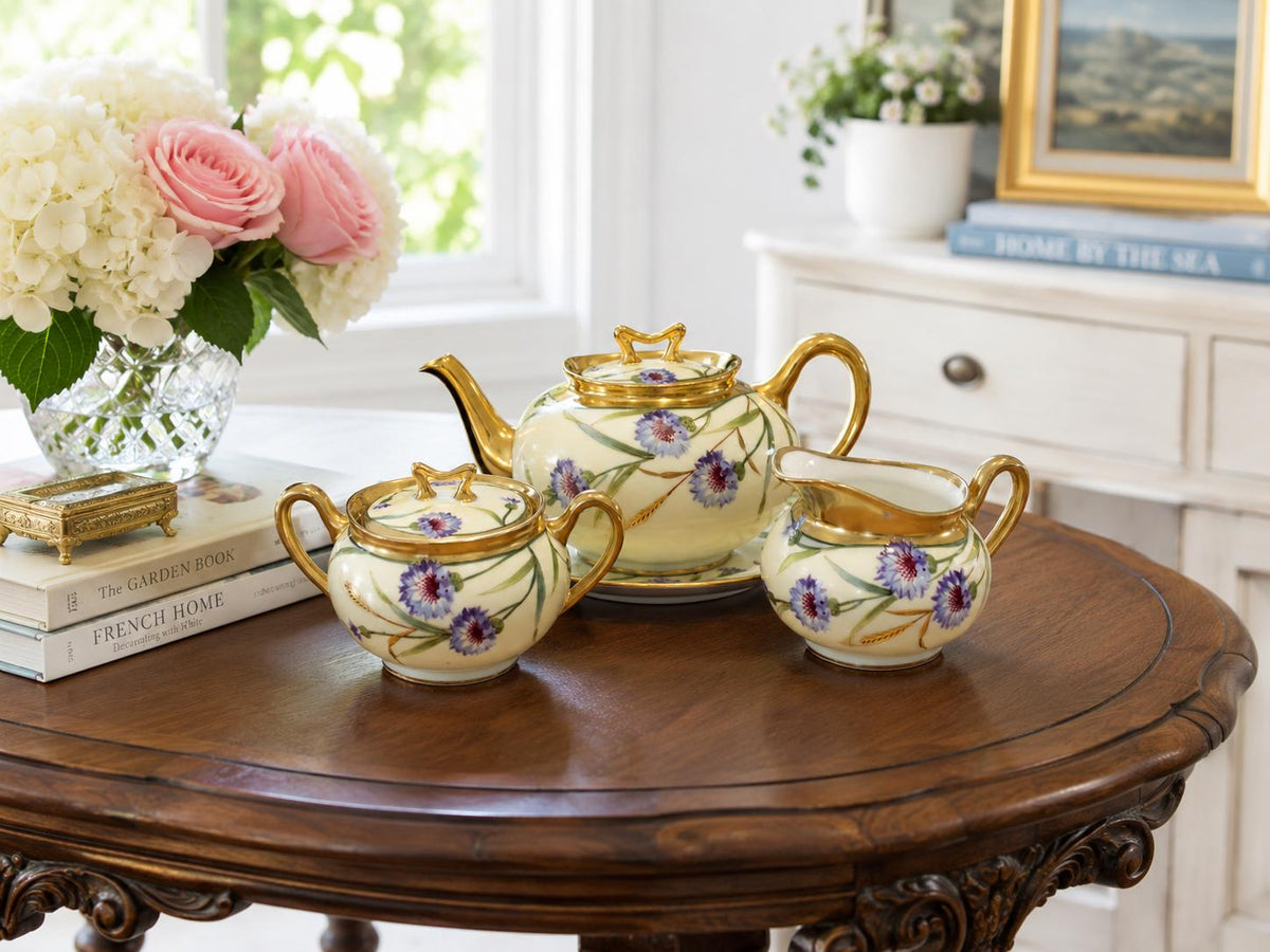Antique E.W. Donath Hand-Painted Teapot Set, 2-Cup Tea Pot with Matching Sugar Bowl & Creamer 18865