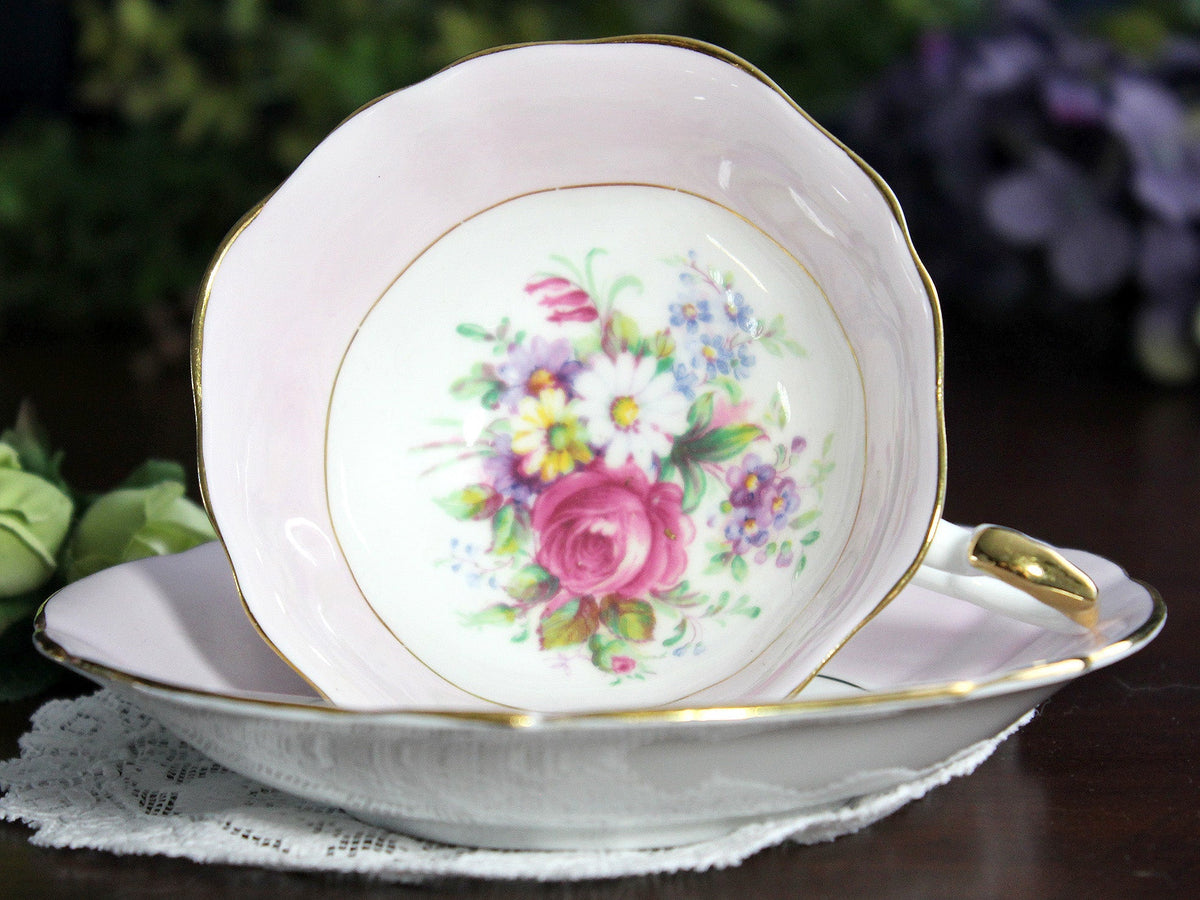 Imperial Tea Cup & Saucer, Dainty Pink Banding, Floral Centers 18419