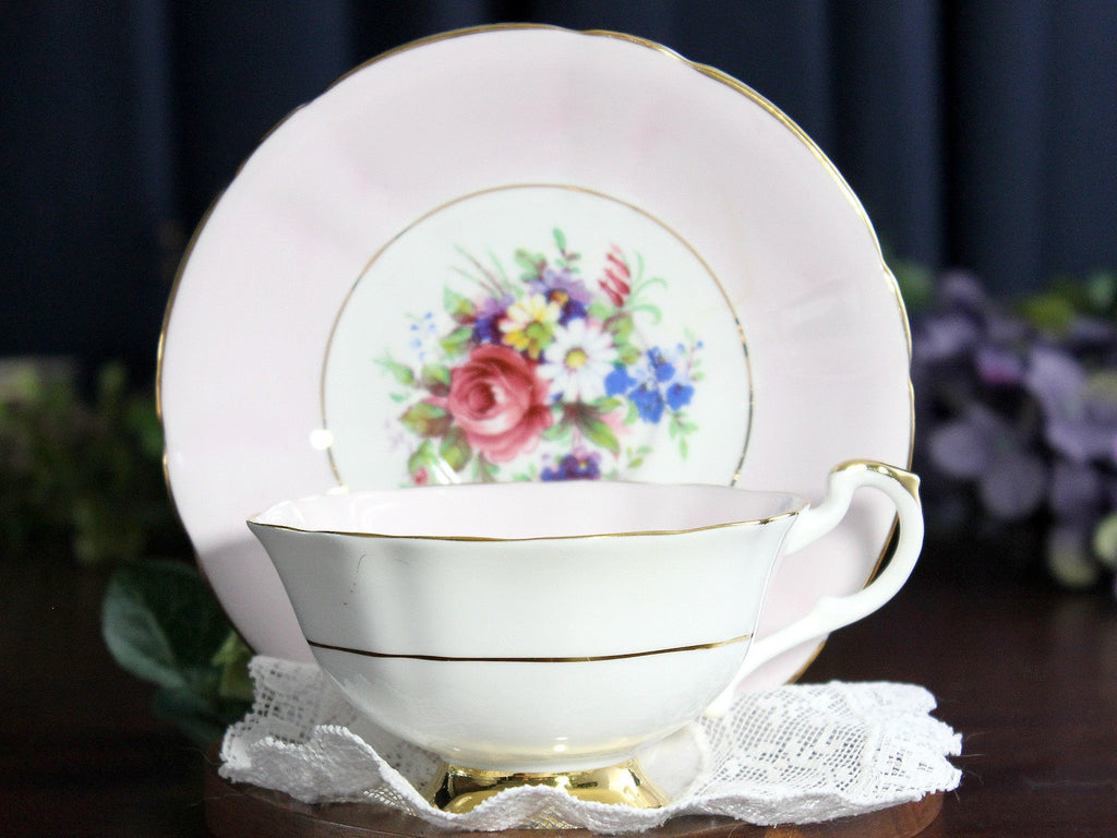Imperial Tea Cup & Saucer, Dainty Pink Banding, Floral Centers 18419