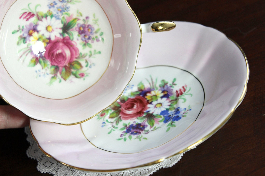 Imperial Tea Cup & Saucer, Dainty Pink Banding, Floral Centers 18419