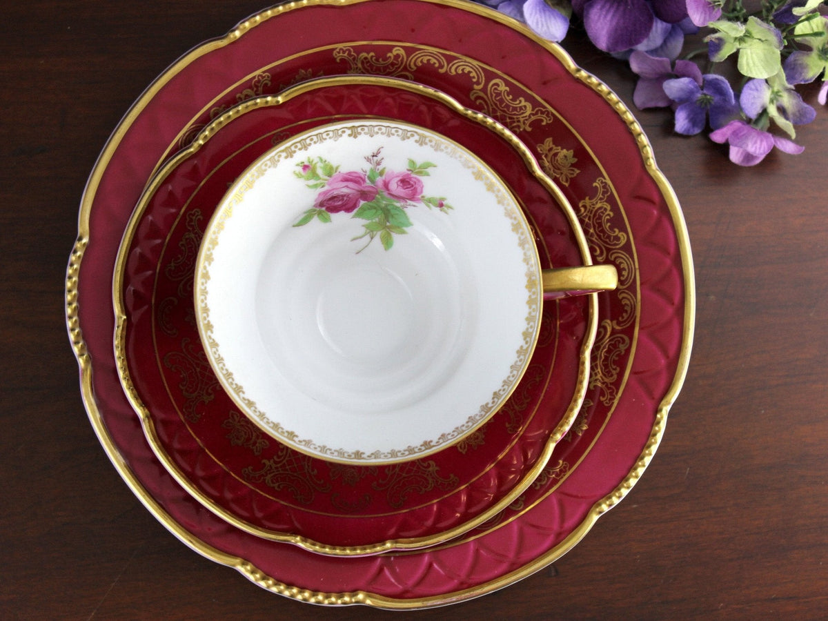 Mitterteich Trio, Footed Teacup & Saucer, Burgundy Bavaria Germany 18459