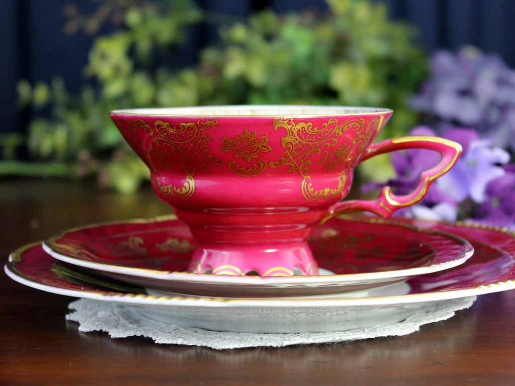 Mitterteich Trio, Footed Teacup & Saucer, Burgundy Bavaria Germany 18459
