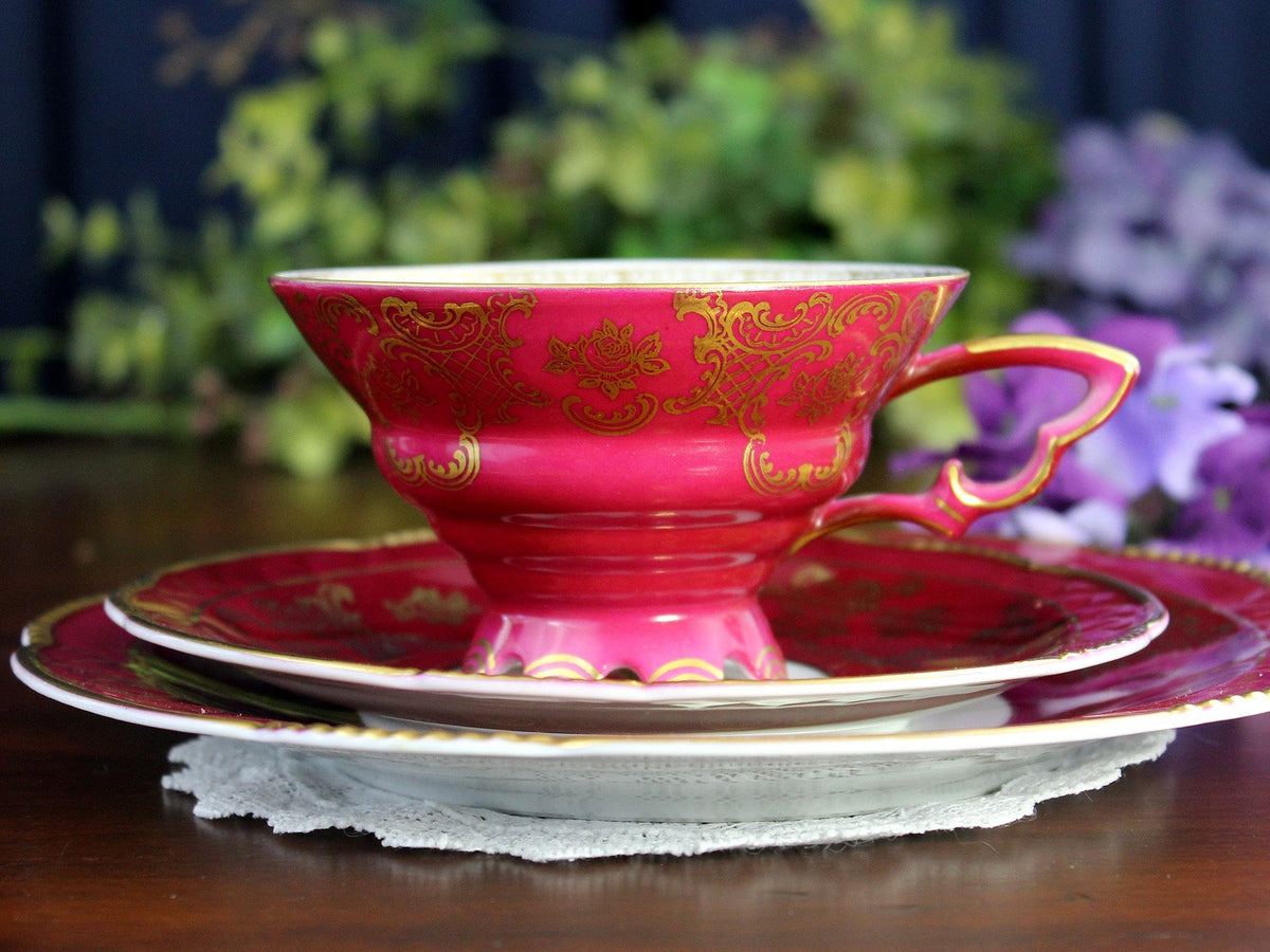 Mitterteich Trio, Footed Teacup & Saucer, Burgundy Bavaria Germany 18459