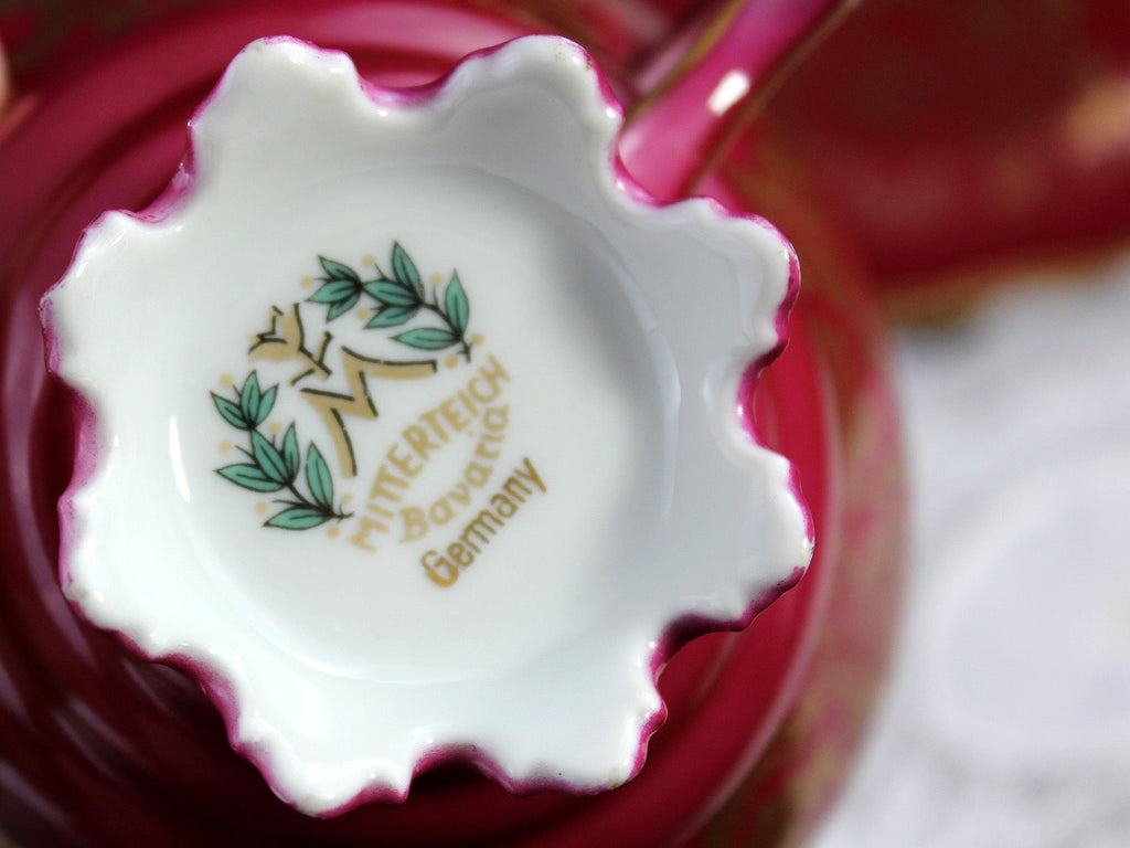 Mitterteich Trio, Footed Teacup & Saucer, Burgundy Bavaria Germany 18459