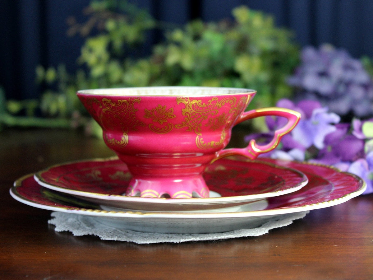 Mitterteich Trio, Footed Teacup & Saucer, Burgundy Bavaria Germany 18459