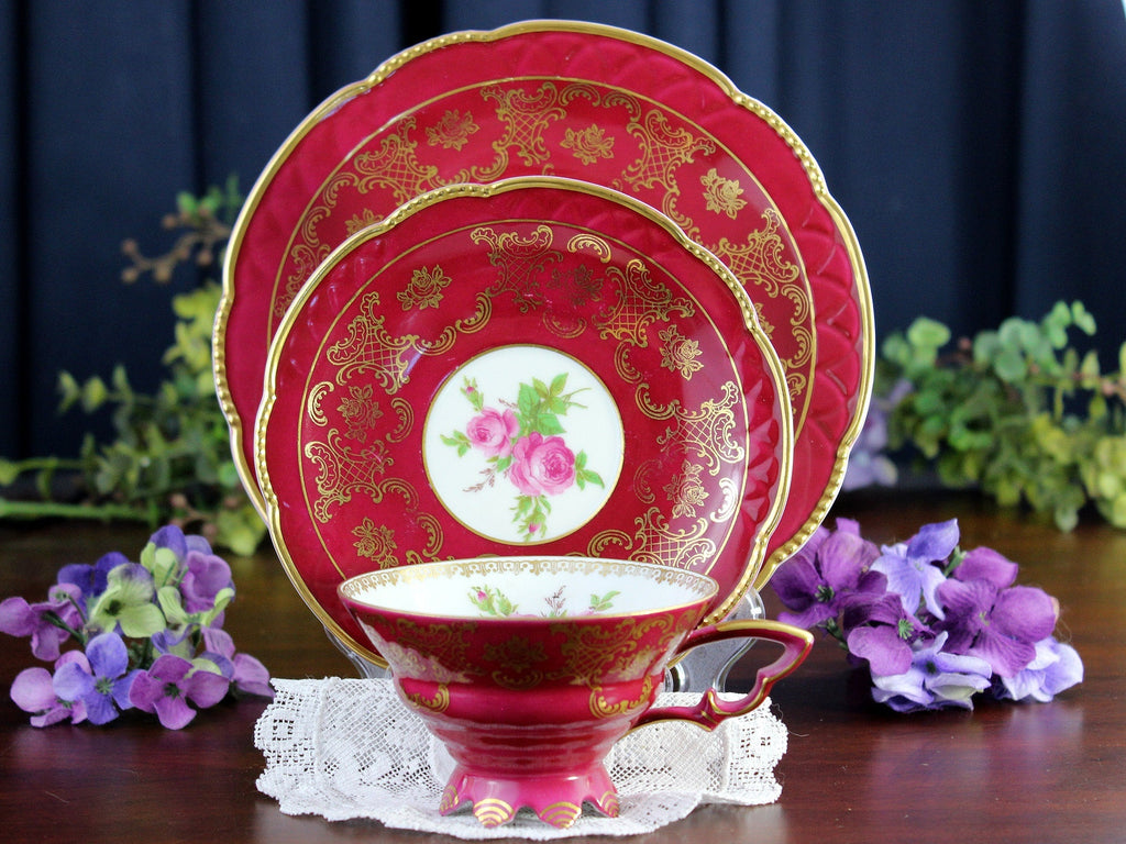 Mitterteich Trio, Footed Teacup & Saucer, Burgundy Bavaria Germany 18459