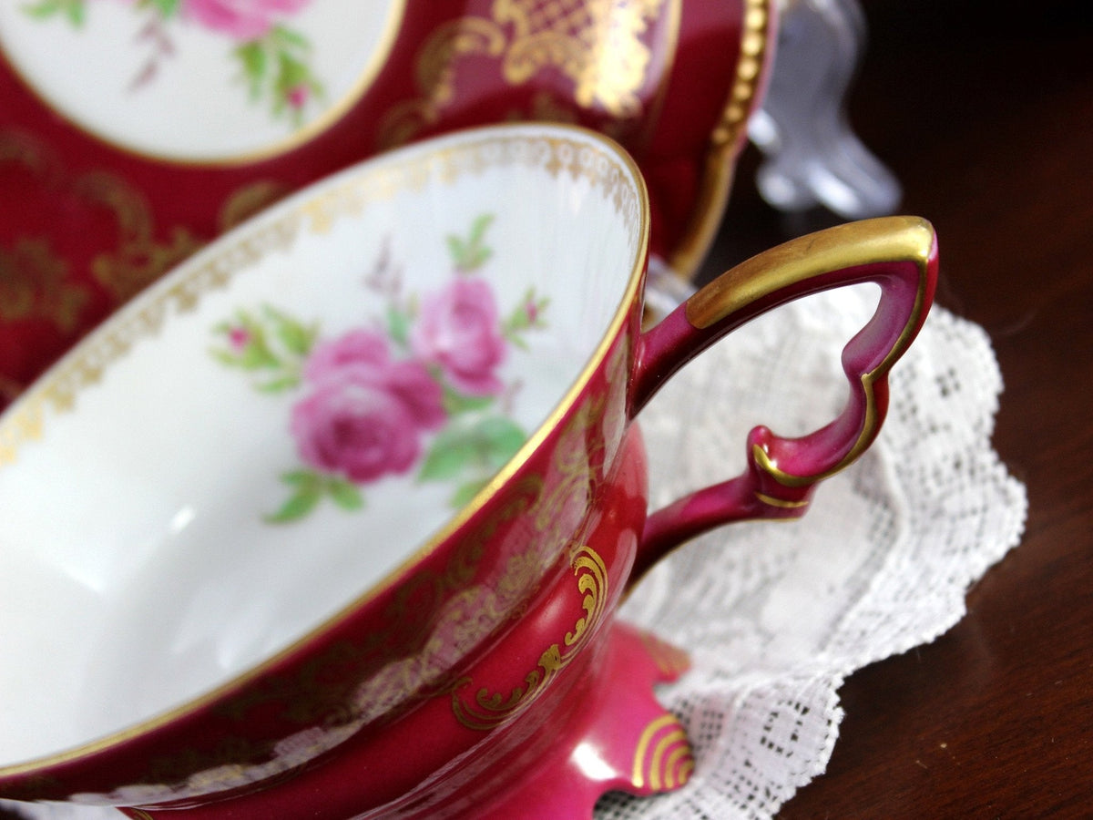 Mitterteich Trio, Footed Teacup & Saucer, Burgundy Bavaria Germany 18459